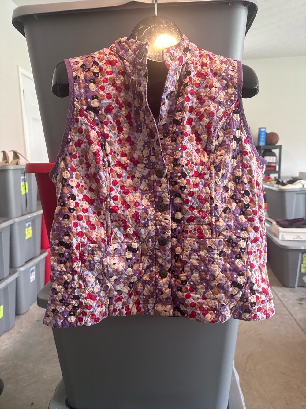 Quilted Floral Dot Button-Front Vest in Purple and Pink p32